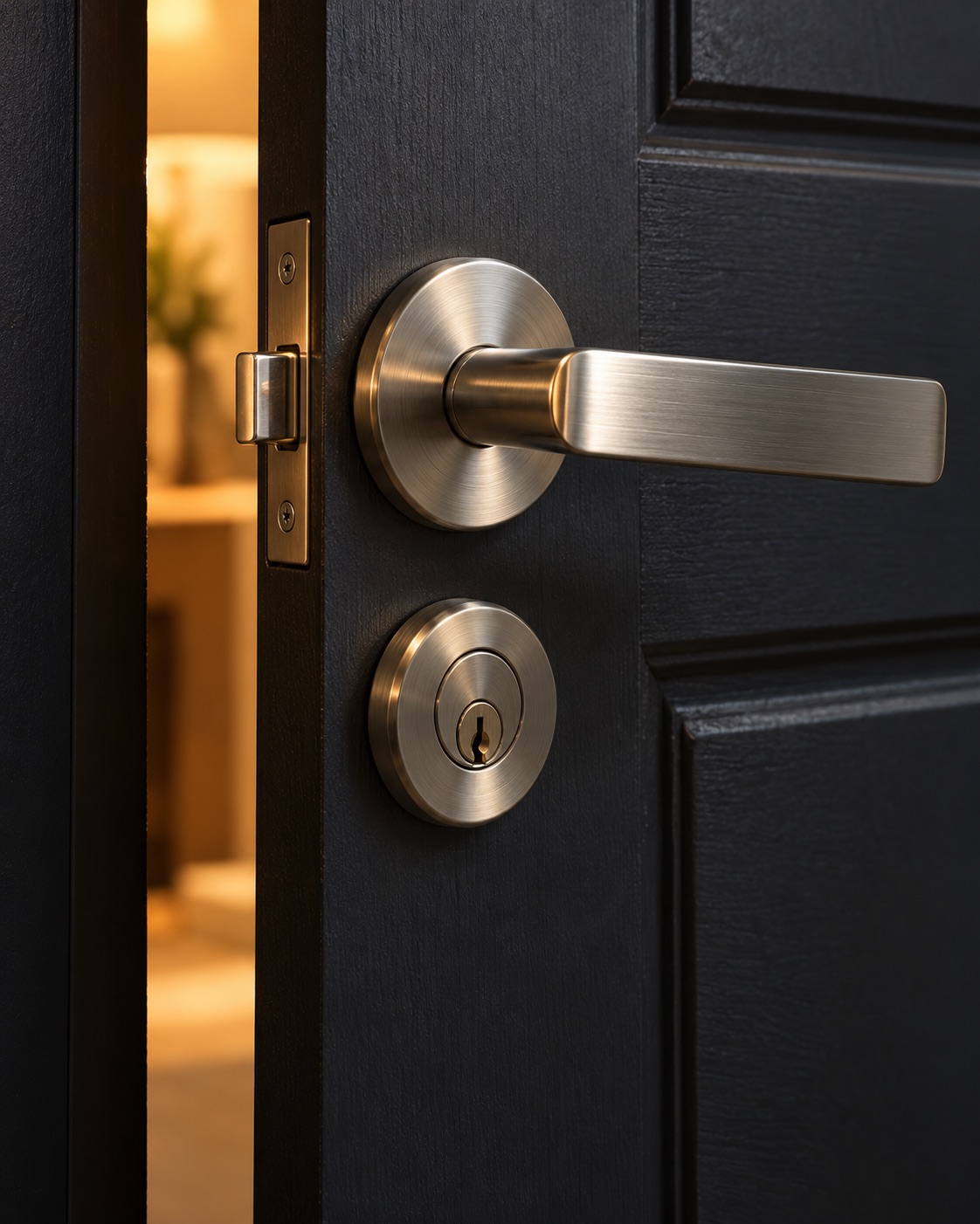Illustrative study of brushed metal door hardware with warm light through an opening